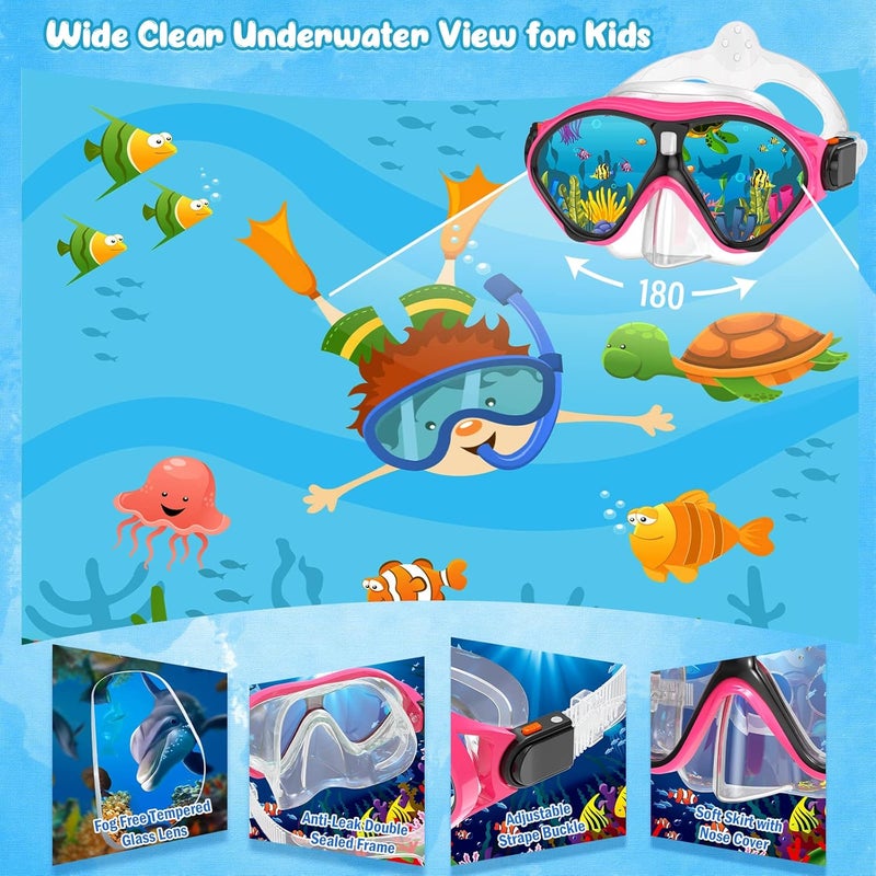 Seovediary Kids Snorkel Set, Mask Fins Snorkeling Gear for Kids Anti-Fog Swim Goggles 180 Panoramic View Dry Top Snorkel and Dive Flippers Combo with Travel Bag for Snorkeling Training Swimming Diving - Image 2